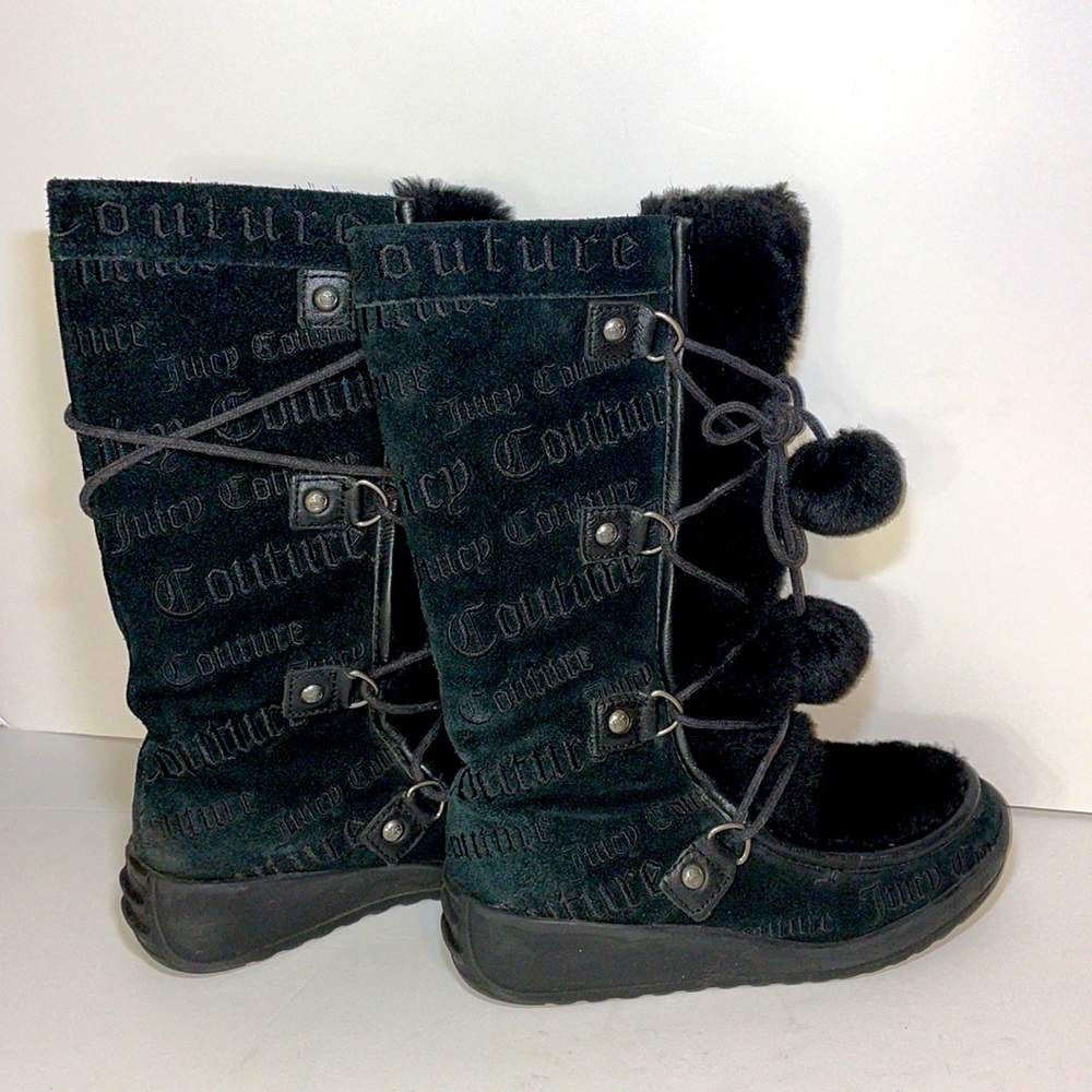 Black Juicy Couture Suede & Fur Wedge Heeled Boots With Pompoms Size 7